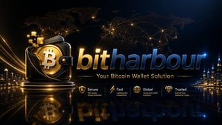 BitHarbour Bitcoin wallet solution logo with gold Bitcoin symbol, world map, and city skyline on dark background